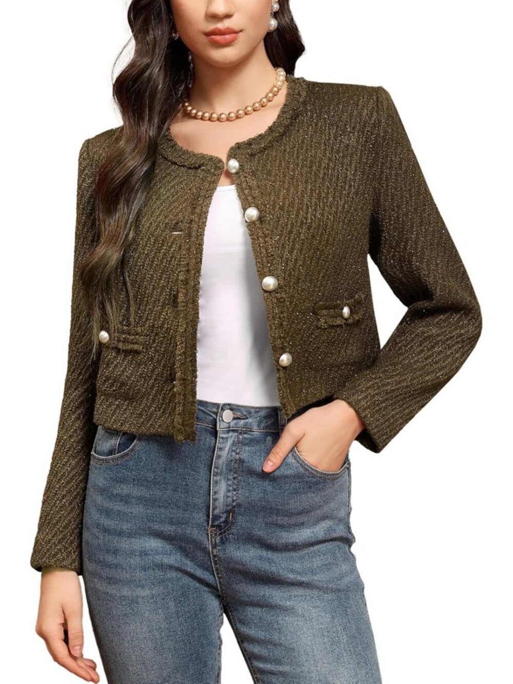 Chic Cropped Tweed Blazer Jacket for Women with Pockets, Long Sleeve Style